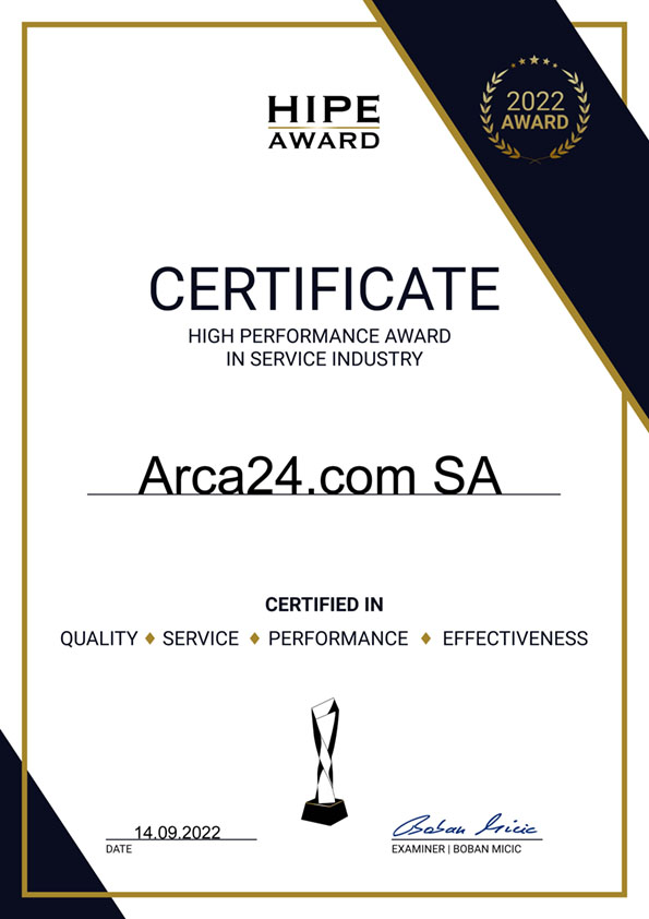 Zertifikat Arca24.com SA Hipe Award min